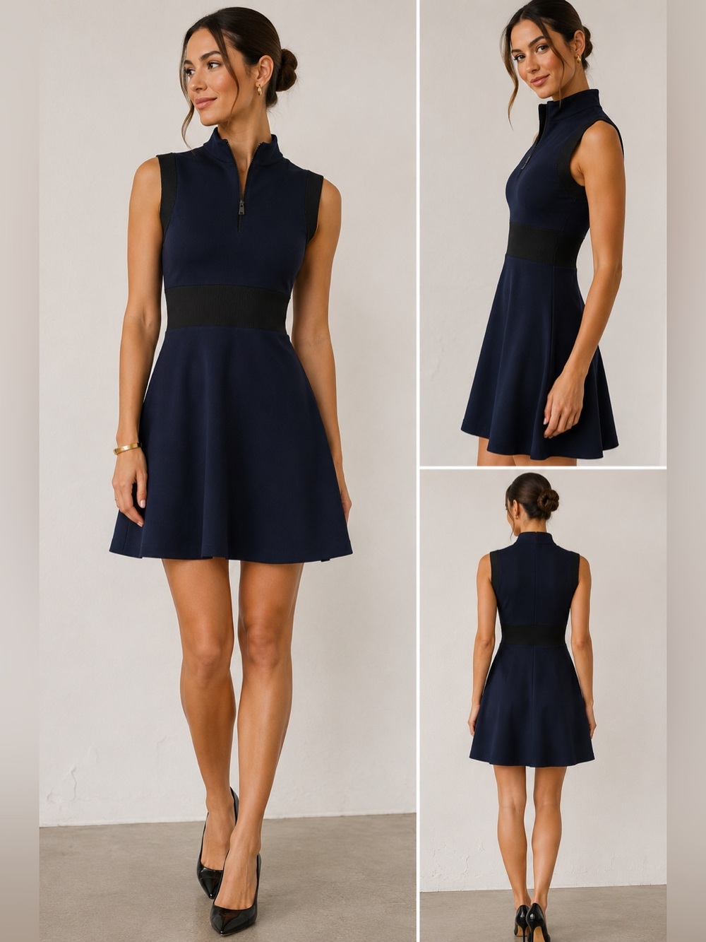 Zara Navy & Black Scuba Knit Fit & Flare Dress Mock Neck Zip Front Sleeveless S